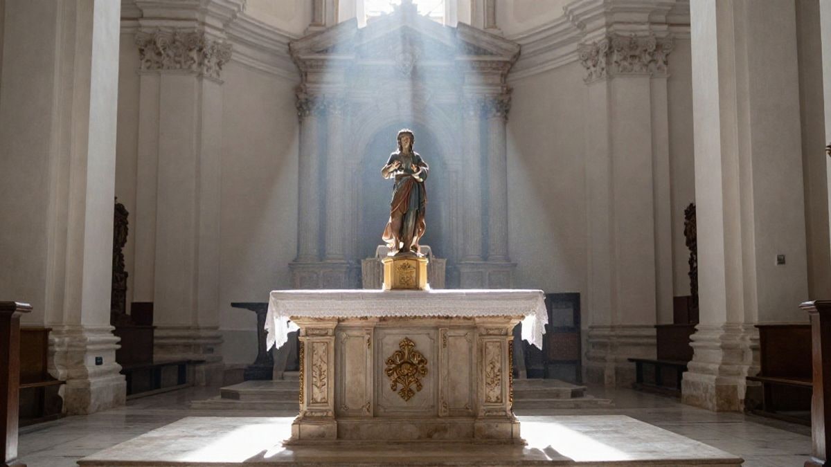 Imagen ilustrativa: altar de una iglesia con un pedestal vacío iluminado por un rayo de luz.