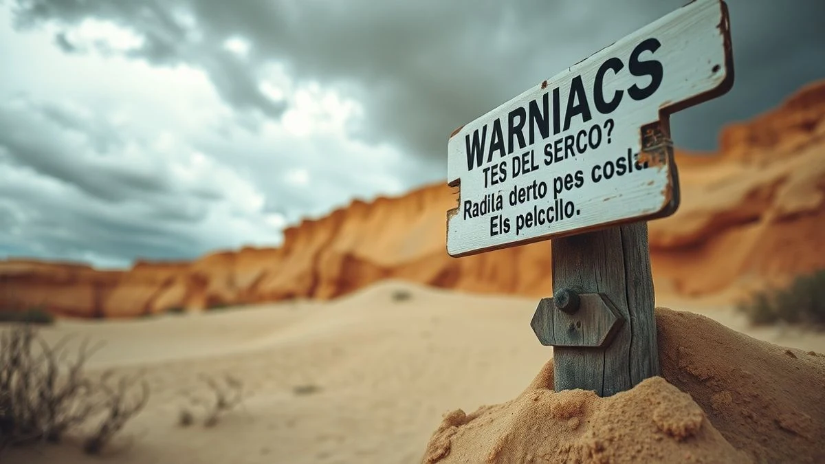 Cartel de advertencia en la arena frente a un acantilado erosionado en la playa de El Portil