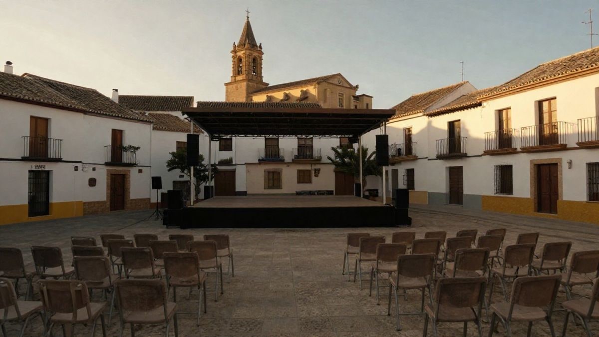 Imagen ilustrativa: una plaza de pueblo andaluz preparada para un acto solemne al atardecer