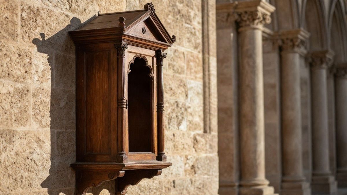 Imagen ilustrativa: un sagrario de madera tallada y una hornacina vacía en el muro de piedra de un templo antiguo