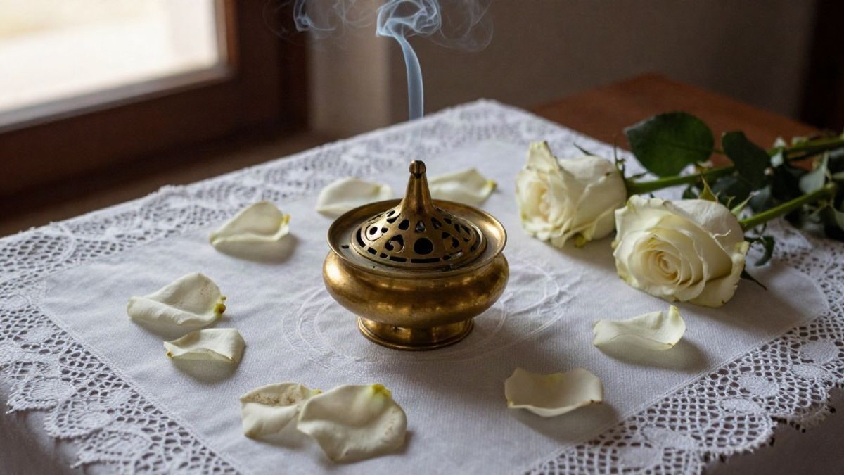 Imagen ilustrativa: un incensario de metal sobre un mantel de encaje blanco con rosas y humo de incienso al atardecer