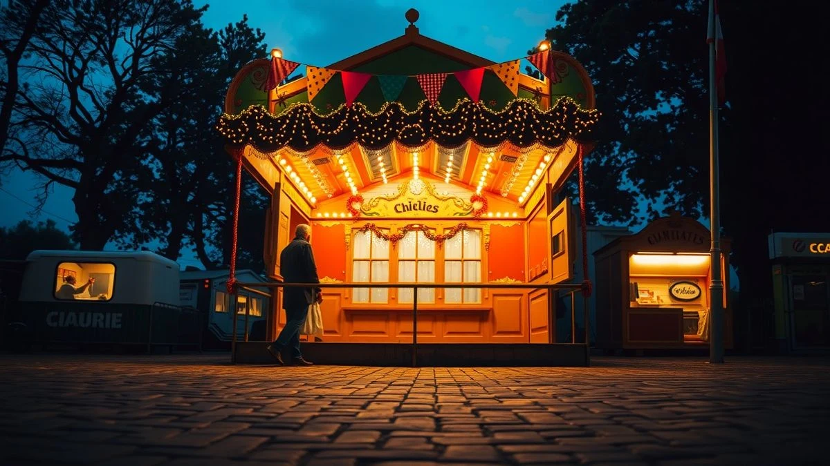 Imagen ilustrativa: una caseta de feria decorada con guirnaldas y luces, vacía, vista desde un ángulo bajo al atardecer.