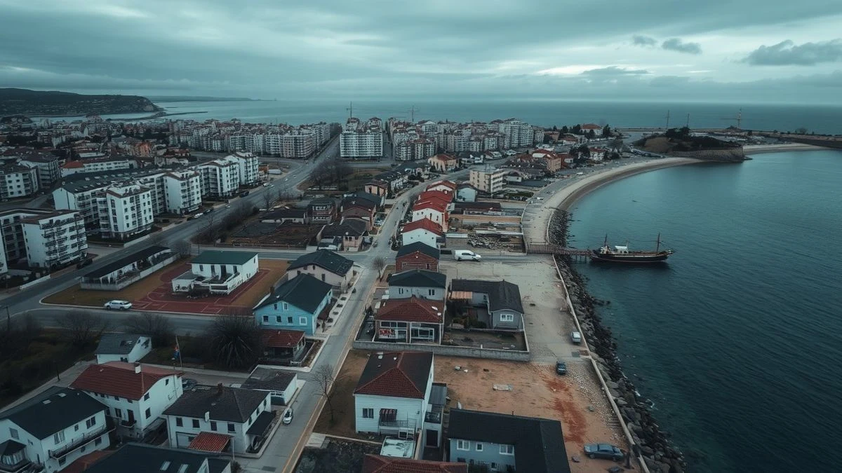 Vista aérea del núcleo urbano de El Portil con calles vacías y obras cerca de la costa