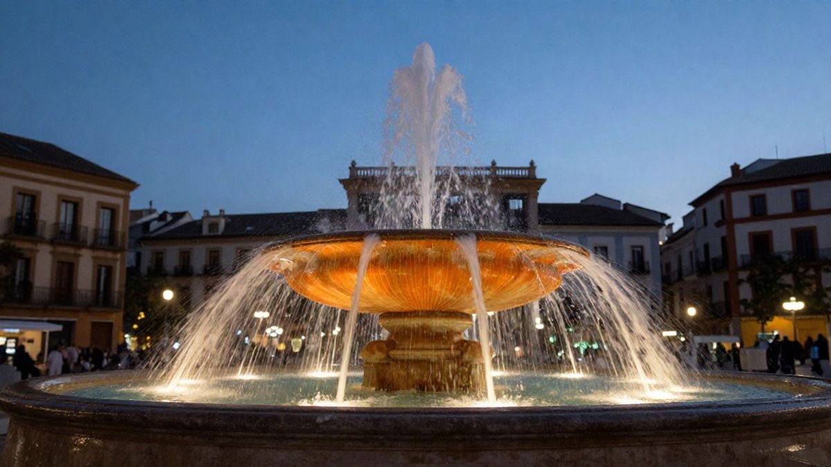 Imagen ilustrativa: una fuente pública iluminada de naranja en una plaza al atardecer, con el cielo de fondo