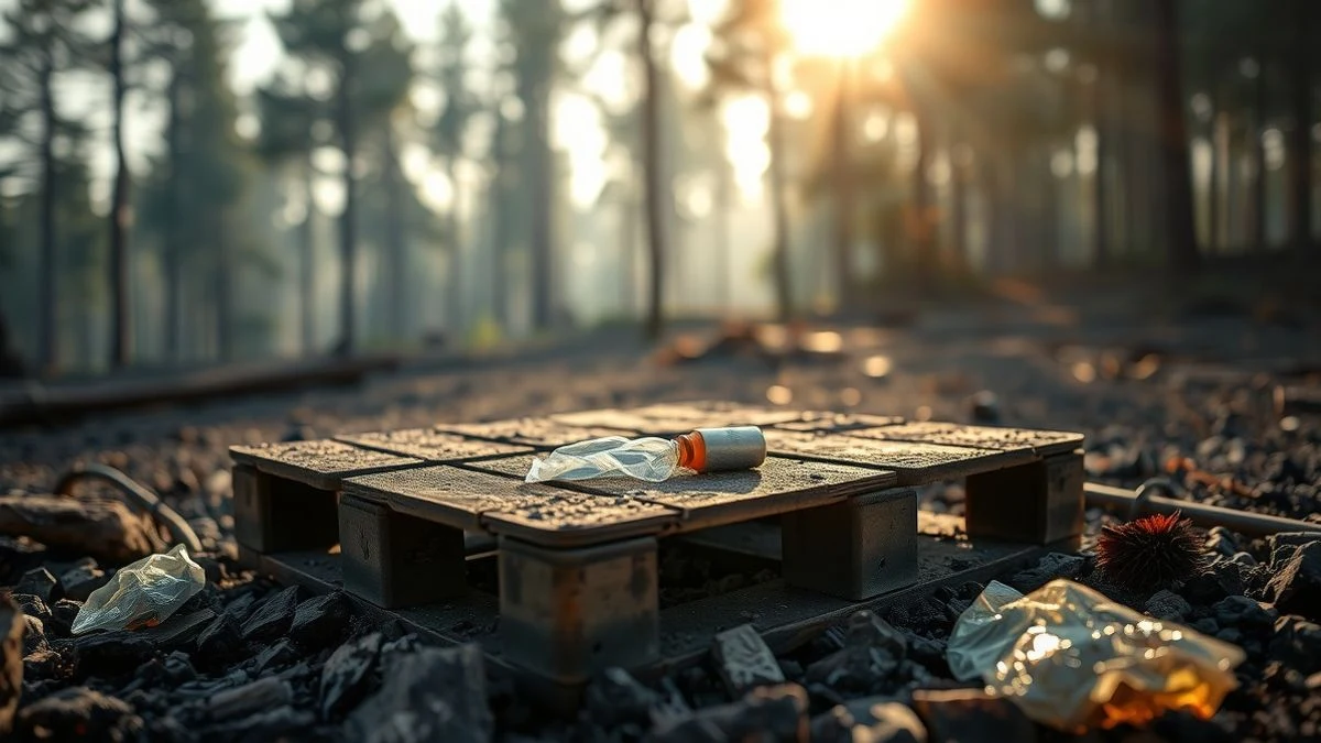 Imagen ilustrativa: restos carbonizados de una chabola entre pinos, con humo de fondo