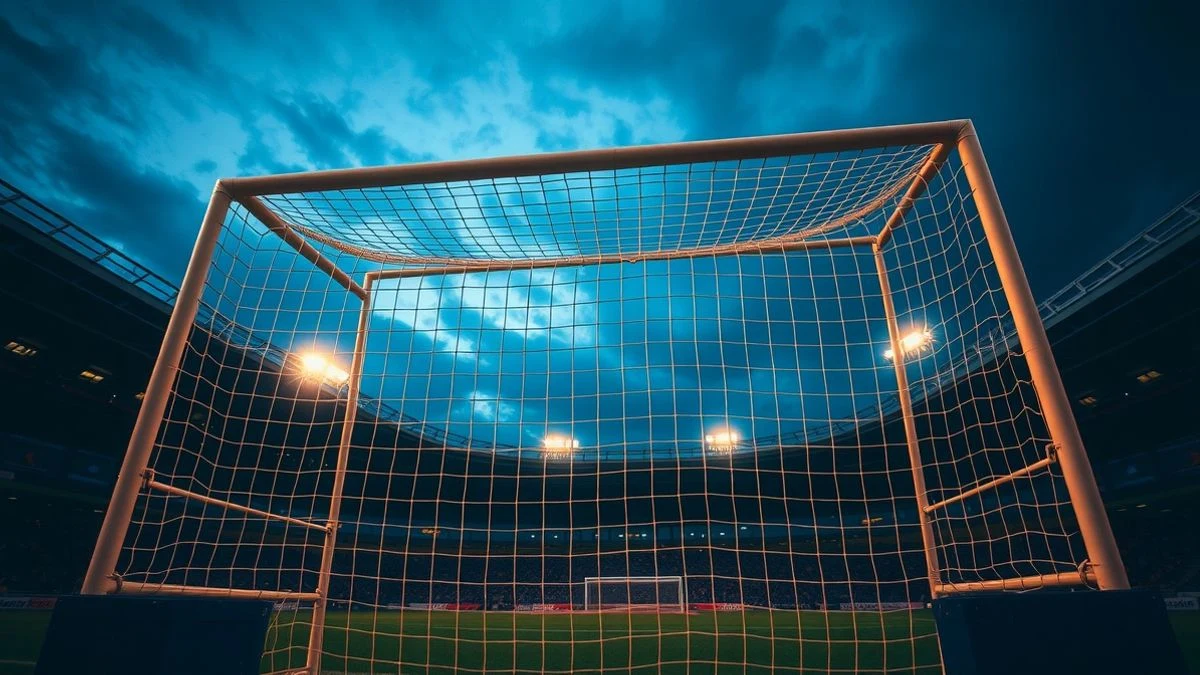 Imagen ilustrativa: una portería de fútbol iluminada por focos al atardecer, con la red y las líneas del área convergiendo hacia el fondo, sin jugadores ni distintivos.