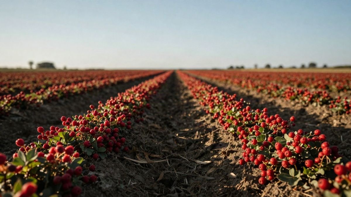 Imagen ilustrativa: hileras de frutos rojos maduros en un campo agrícola, vistas desde ángulo bajo con cielo de fondo