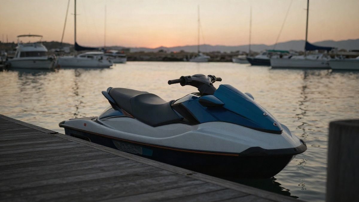 Imagen ilustrativa: ángulo bajo de una moto acuática en un puerto al atardecer