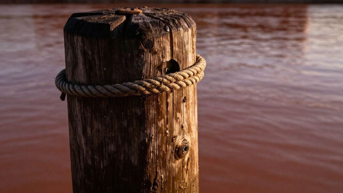 Imagen ilustrativa: primer plano de un poste de amarre de madera junto a un río tranquilo al atardecer