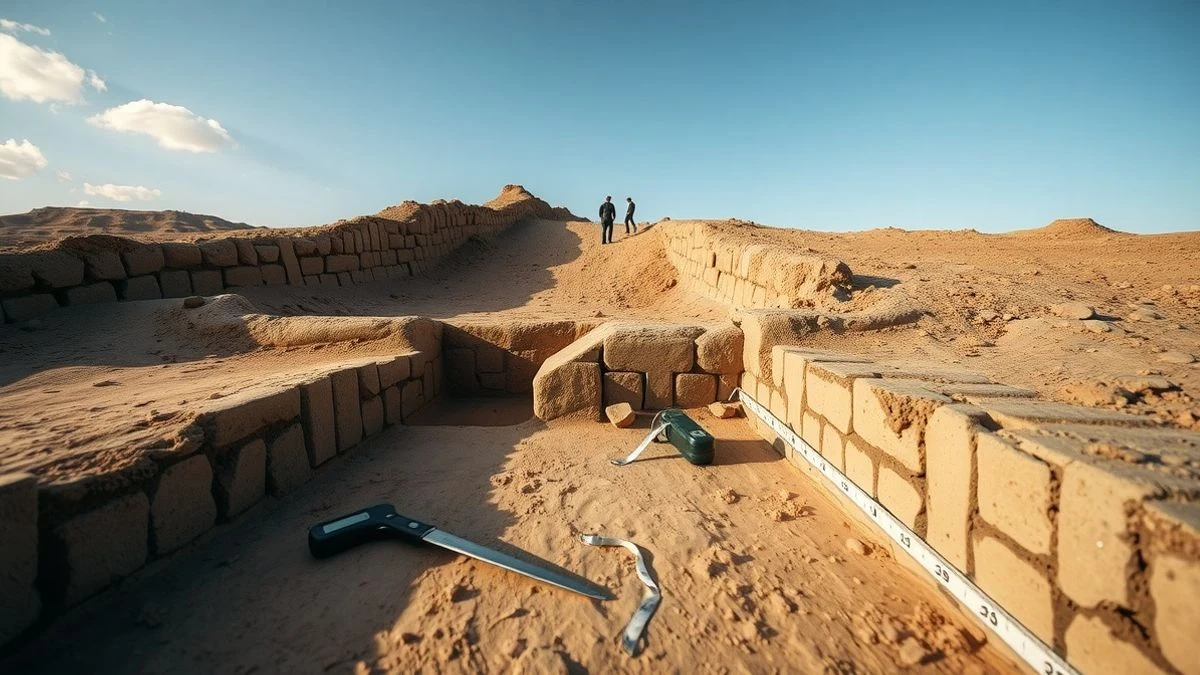 Excavación arqueológica con herramientas y una lápida islámica parcialmente descubierta, con cielo de fondo