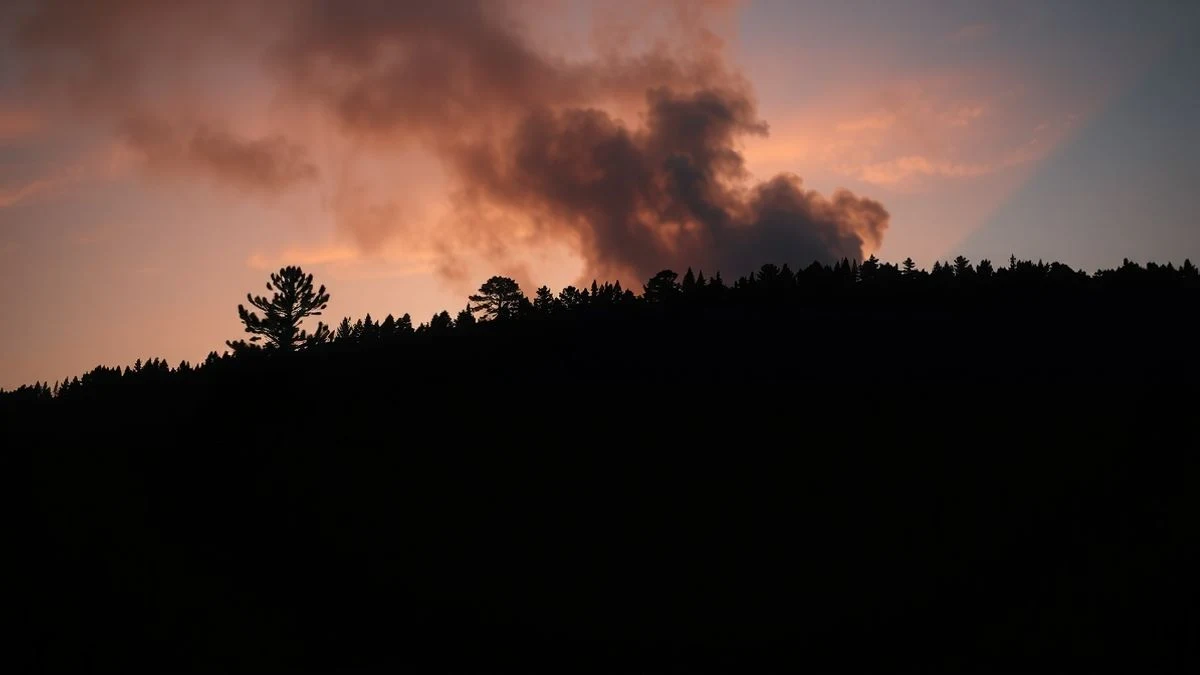 Imagen ilustrativa: un paisaje forestal con humo elevándose entre los árboles al atardecer