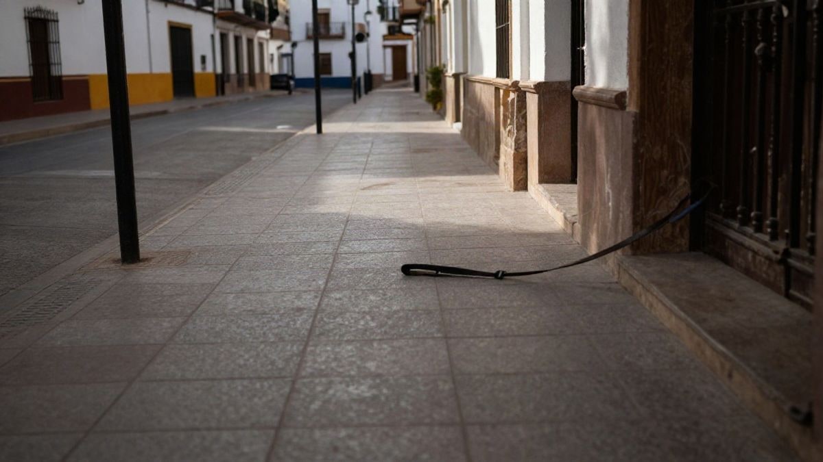 Imagen ilustrativa: un camino de baldosas que converge hacia una calle blanca con una correa colgada de una valla al atardecer