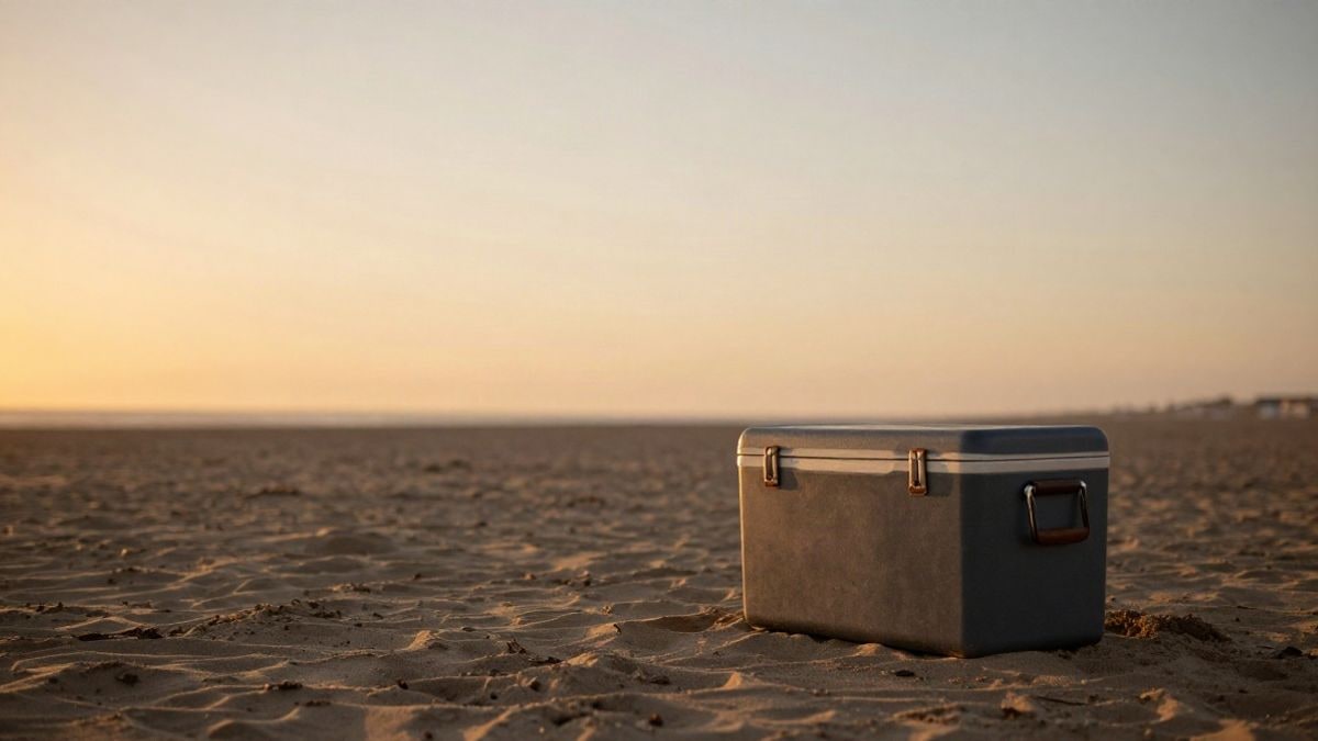Imagen ilustrativa: una nevera portátil de estilo retro sobre la arena de una playa al atardecer