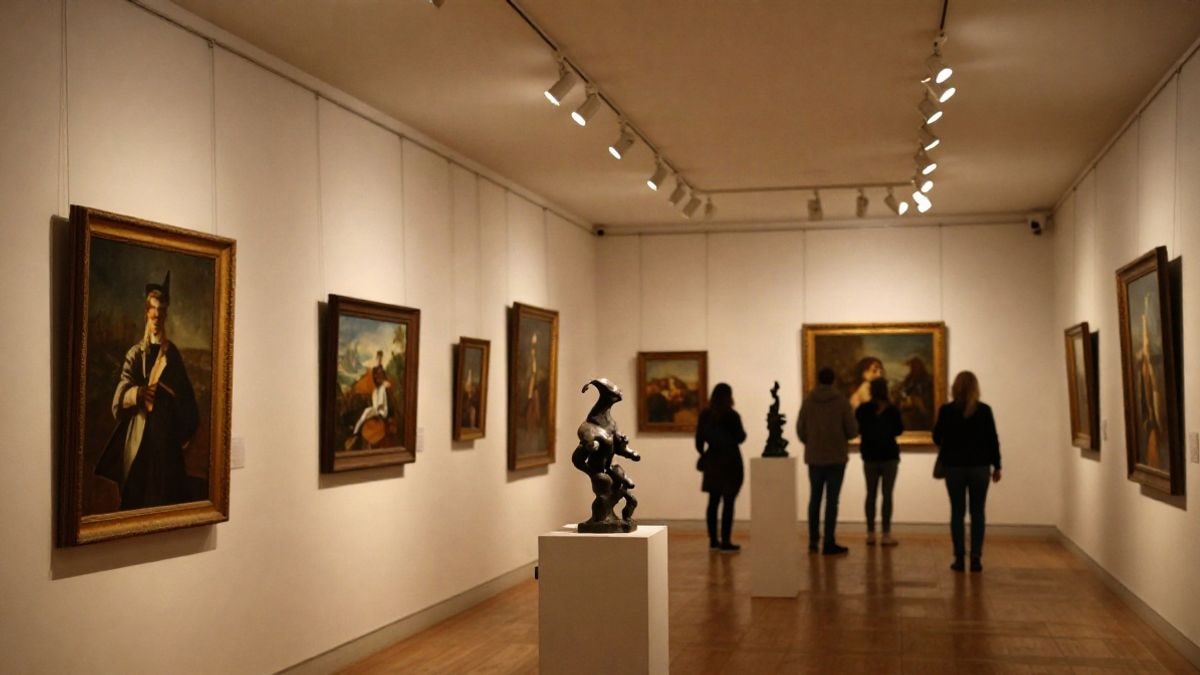Imagen ilustrativa: sala de exposiciones con obras de arte iluminadas por focos nocturnos