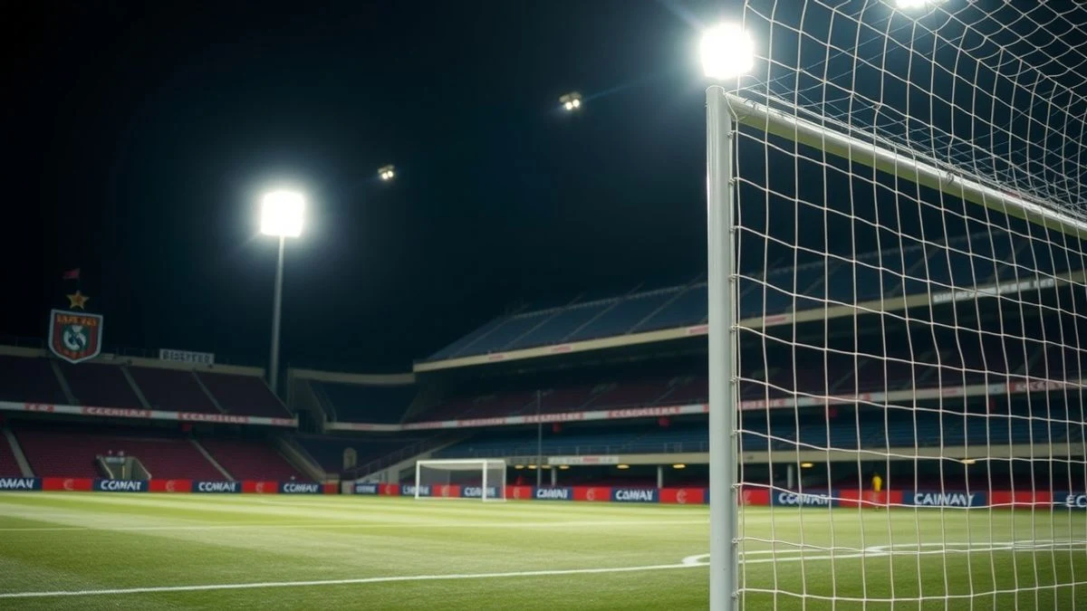 Estadio de fútbol iluminado por focos, con una portería y red vacía, gradas desiertas de noche