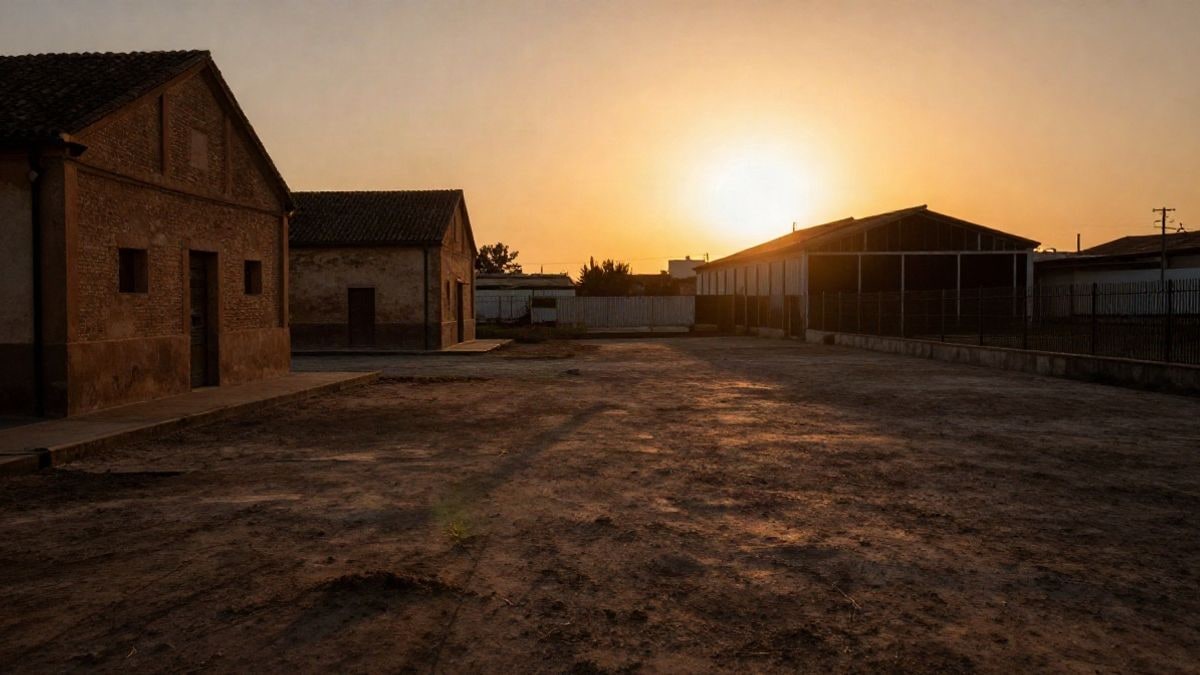 Imagen ilustrativa: solar vacío junto a antiguas naves ferroviarias en contraluz al atardecer