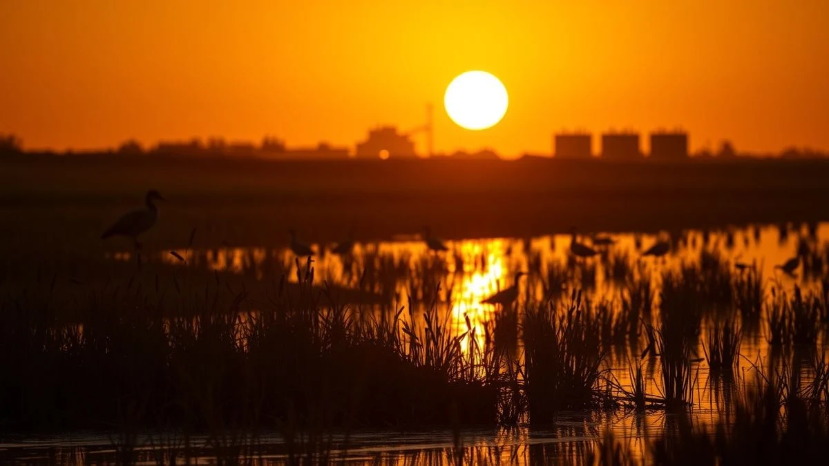 Marisma al atardecer con siluetas de juncos y aves, al fondo una depuradora desenfocada