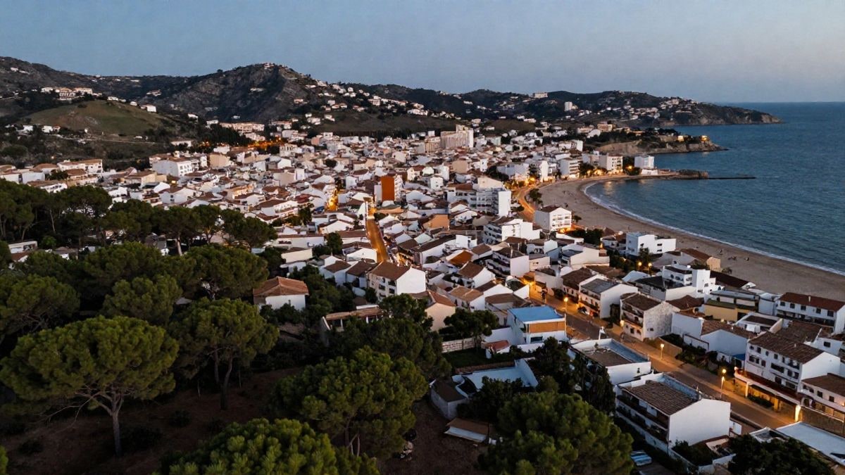 Imagen ilustrativa: vista aérea de un núcleo costero español al atardecer, con calles y vegetación, sin personas visibles.