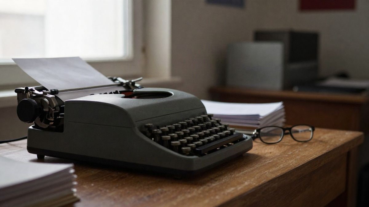 Imagen ilustrativa: escritorio con máquina de escribir y documentos bajo luz natural