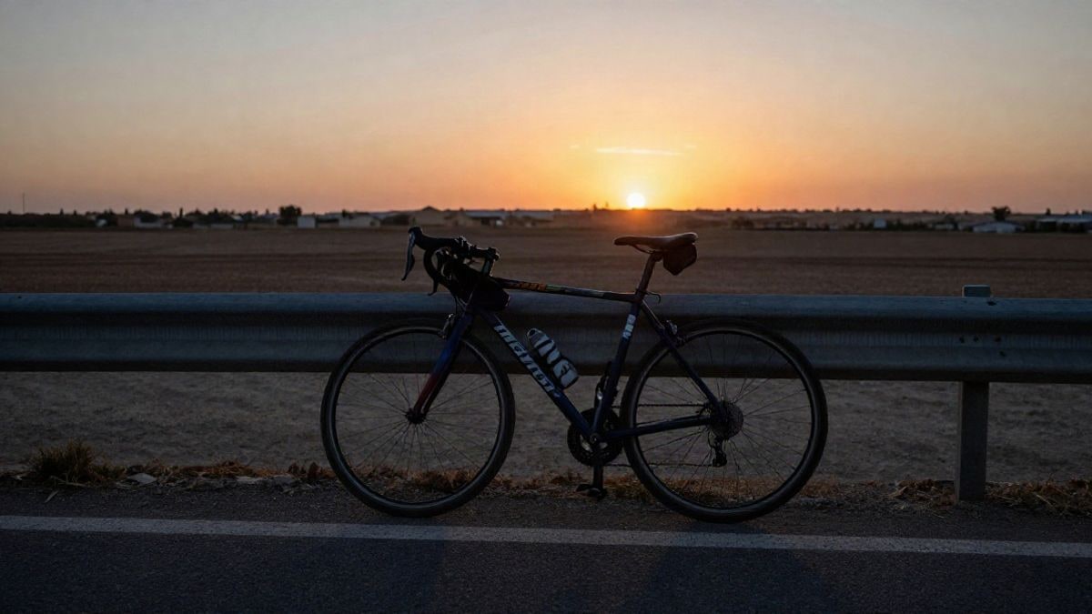 Imagen ilustrativa: bicicleta apoyada en una barrera al atardecer en una carretera española.