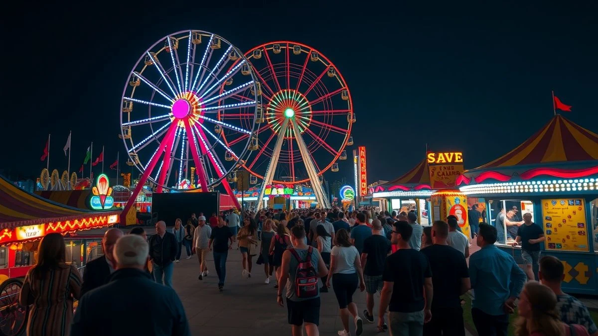 Imagen ilustrativa: vista nocturna de un recinto ferial con noria y atracciones iluminadas, con largas colas de personas difuminadas.