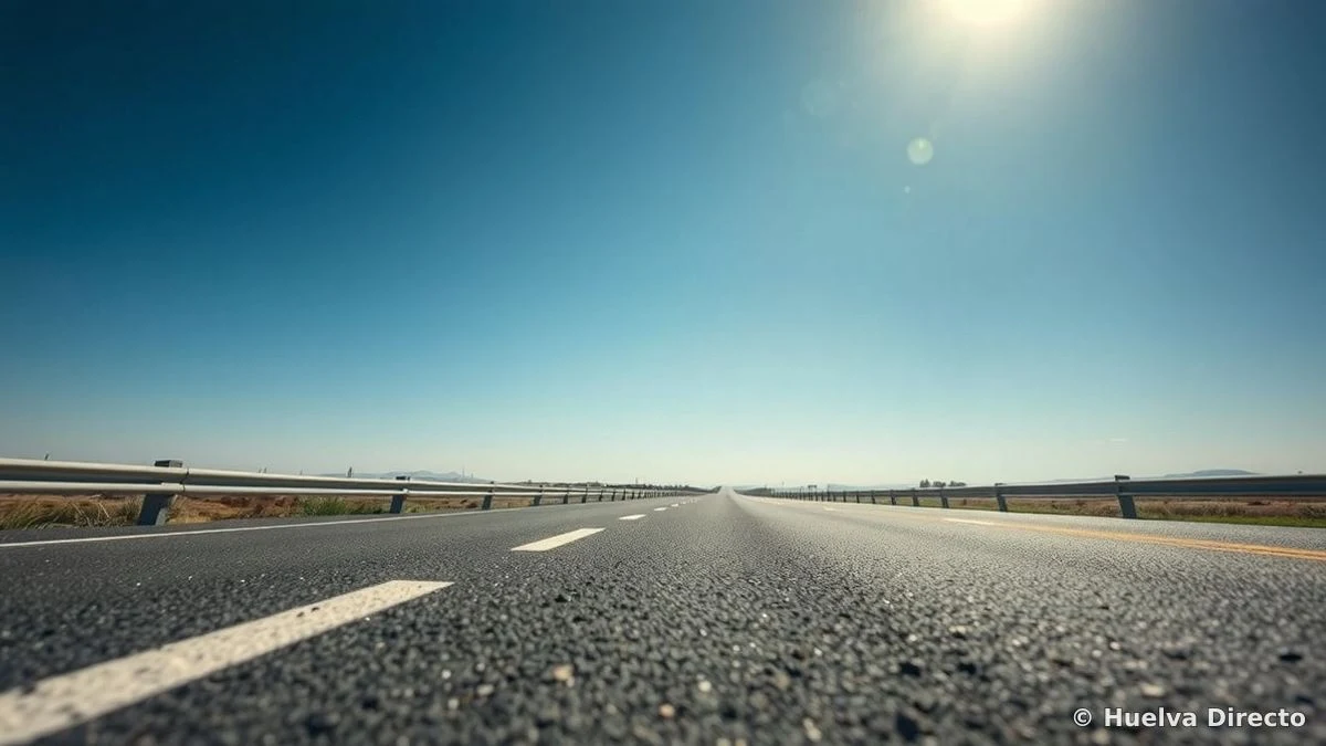 Vista a ras de suelo de una carretera asfaltada con marcas viales y guardarraíl, con cielo de fondo, sin vehículos ni personas.