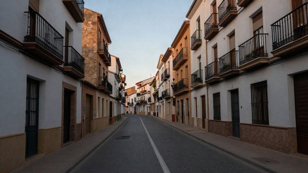 Imagen ilustrativa: calle residencial de un pueblo español con edificios de viviendas que convergen en perspectiva al atardecer