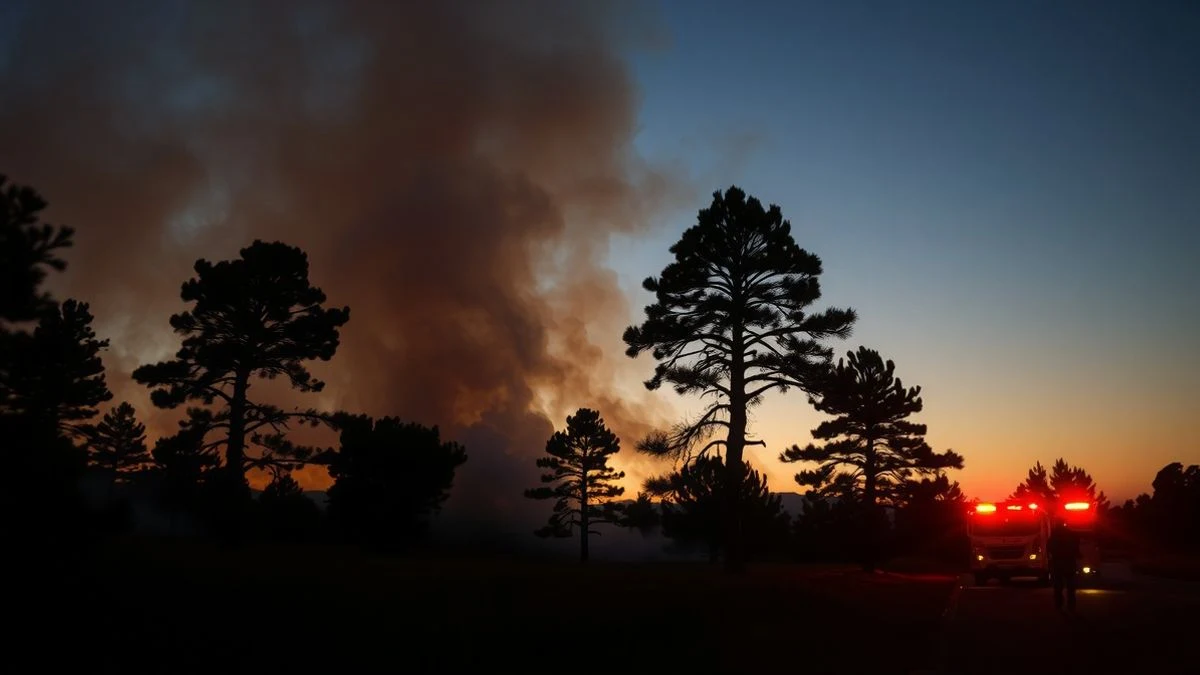 Imagen ilustrativa: incendio forestal en una zona de pinos al atardecer, con humo y vehículos de emergencia