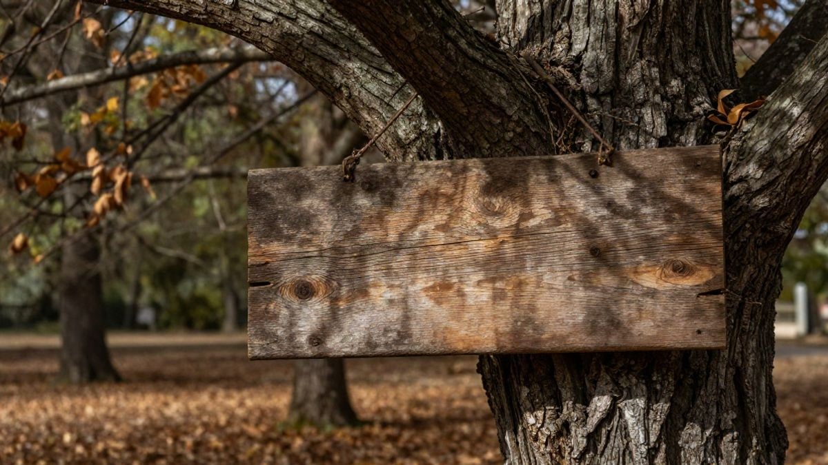 Imagen ilustrativa: detalle de una placa de madera colgada del tronco de un castaño en un bosque otoñal