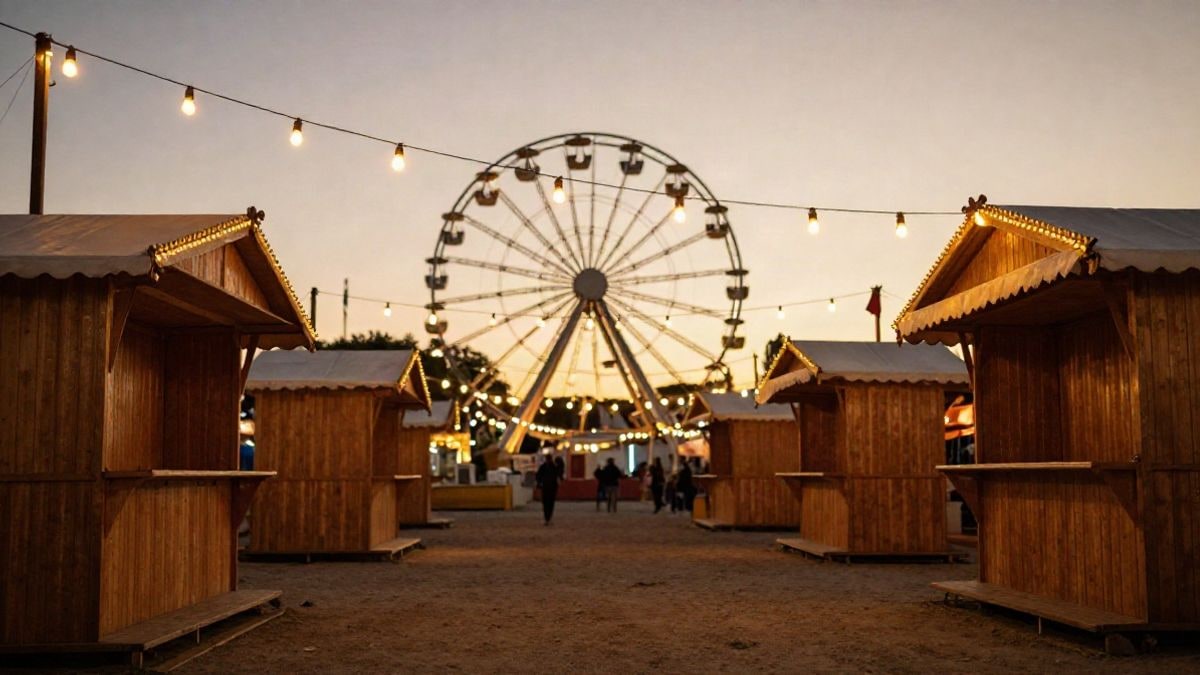 Imagen ilustrativa: ángulo bajo de un recinto ferial al atardecer con luces encendidas y casetas vacías