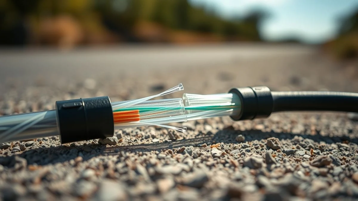 Primer plano de un cable de fibra óptica cortado sobre una carretera rural polvorienta