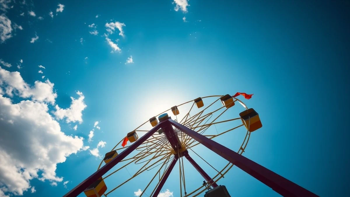 Noria de feria vista desde abajo contra el cielo azul con nubes, sin personas ni texto