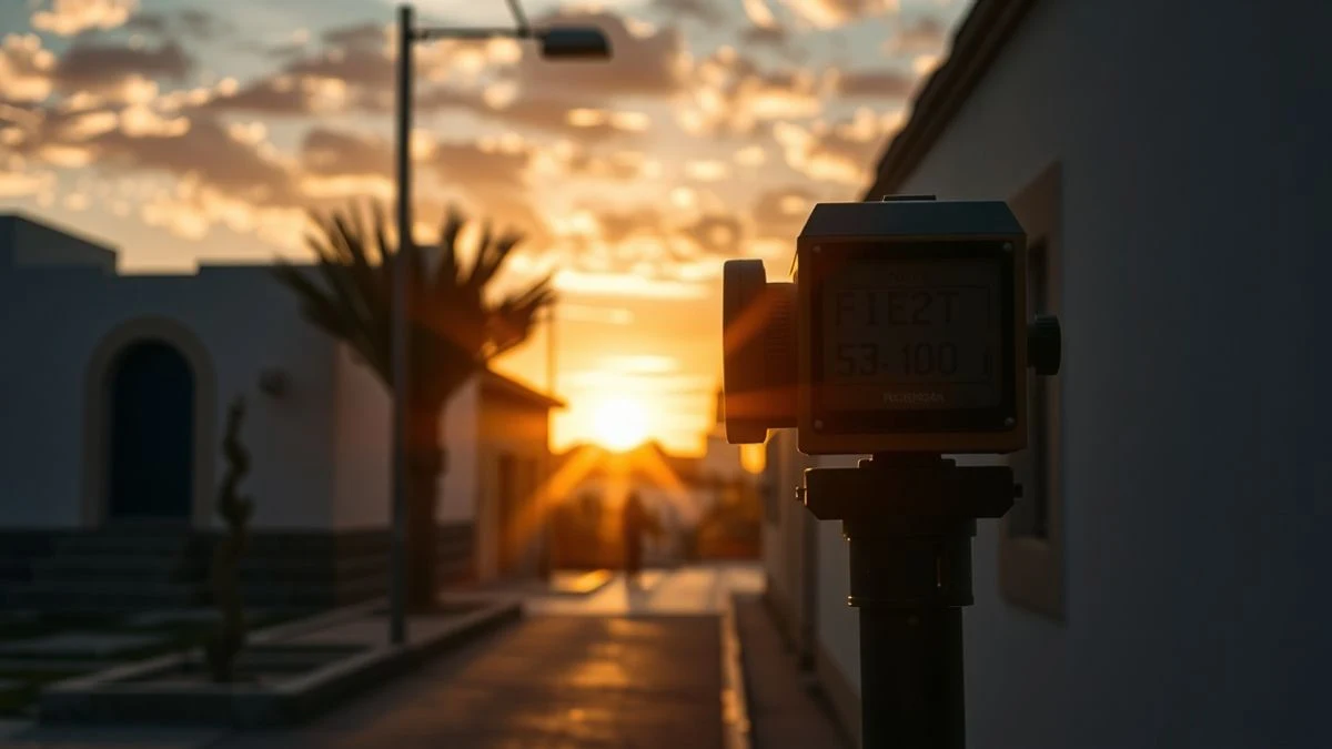 Imagen ilustrativa: un termómetro de exterior al atardecer en una calle desierta de un pueblo andaluz, con el cielo anaranjado de fondo.