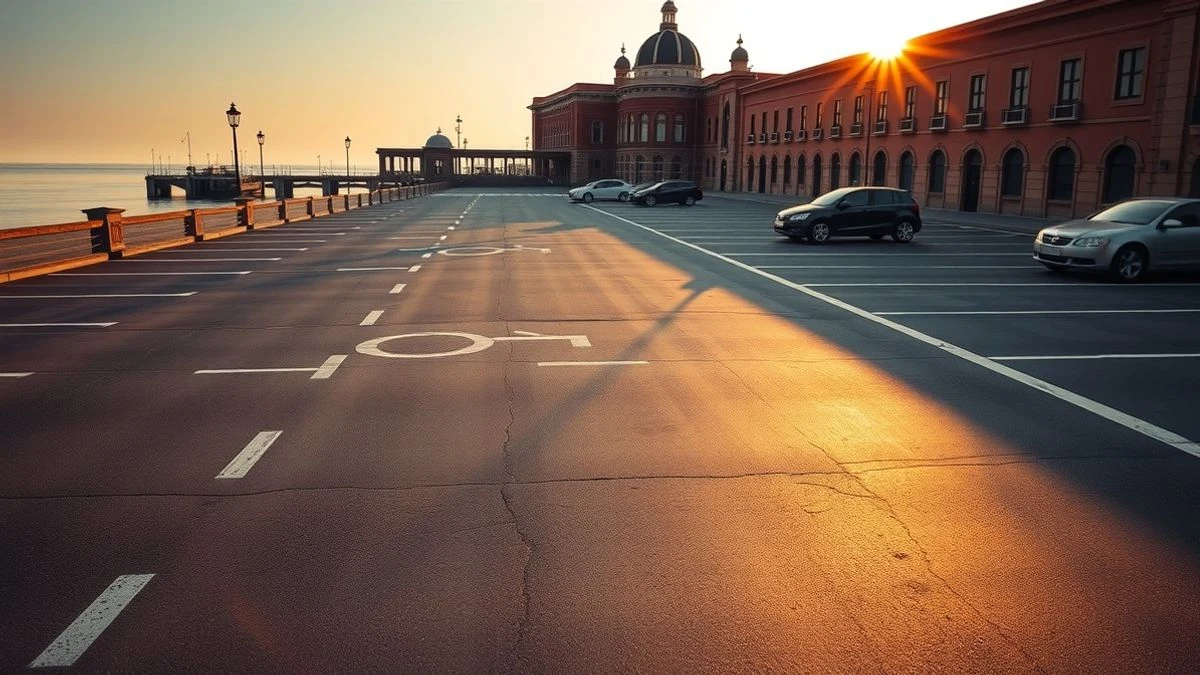Imagen ilustrativa: un amplio aparcamiento asfaltado con plazas señalizadas en blanco, vacío, junto a un muelle histórico al atardecer, con luz dorada y sombras largas.