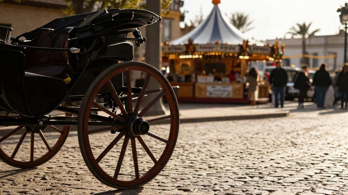 Imagen ilustrativa: detalle de la rueda y los arreos de un carruaje tradicional en una calle adoquinada con casetas desenfocadas al fondo