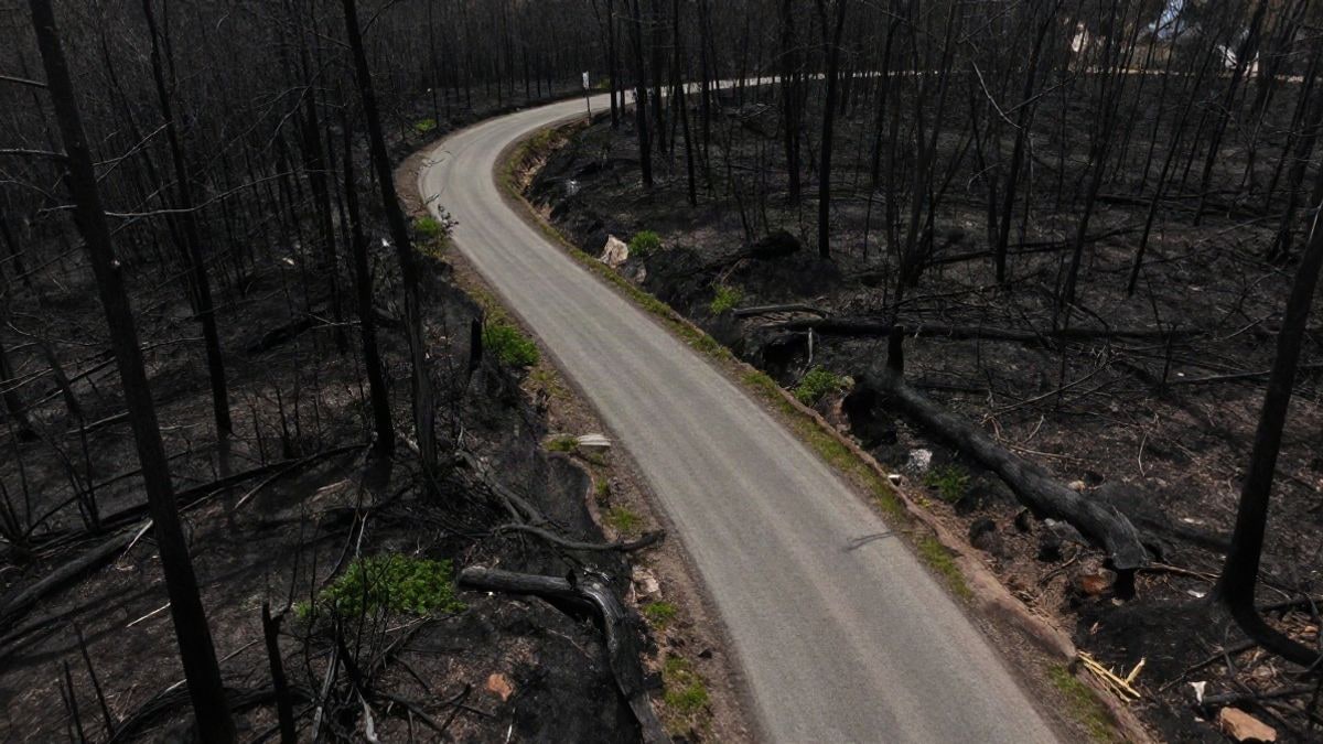 Imagen ilustrativa: vista aérea de una carretera entre un bosque quemado con algunas zonas verdes.