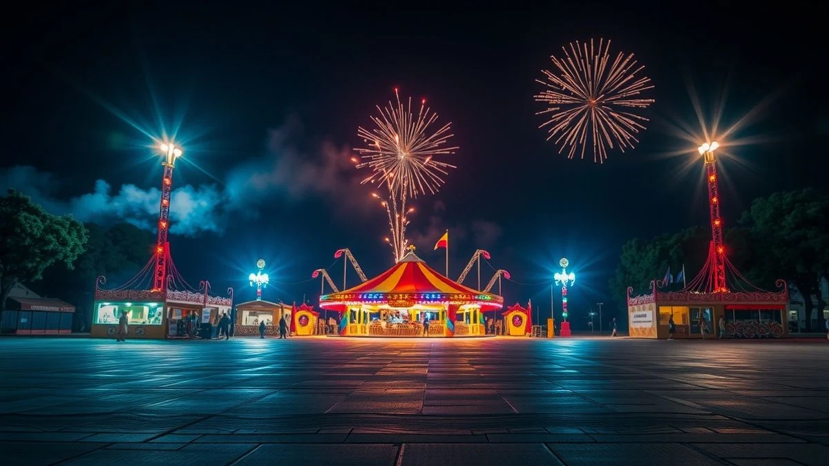 Imagen ilustrativa: portada iluminada de un recinto ferial de noche con fuegos artificiales en el cielo
