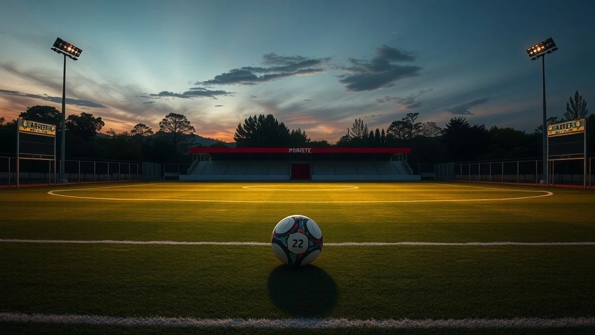 Vista cenital de un campo de fútbol vacío al atardecer con un balón y un dorsal 22 en el césped