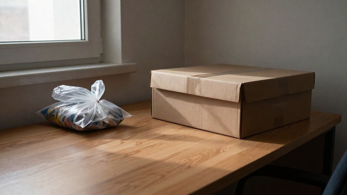 Imagen ilustrativa: mesa de madera vacía con una caja de cartón precintada y una bolsa de plástico, iluminada por luz natural lateral