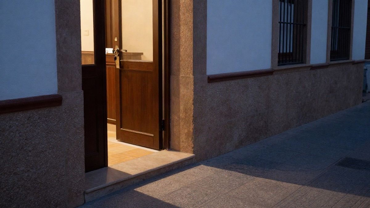 Imagen ilustrativa: puerta de entrada de un edificio residencial entreabierta al atardecer, con luz cálida en el portal
