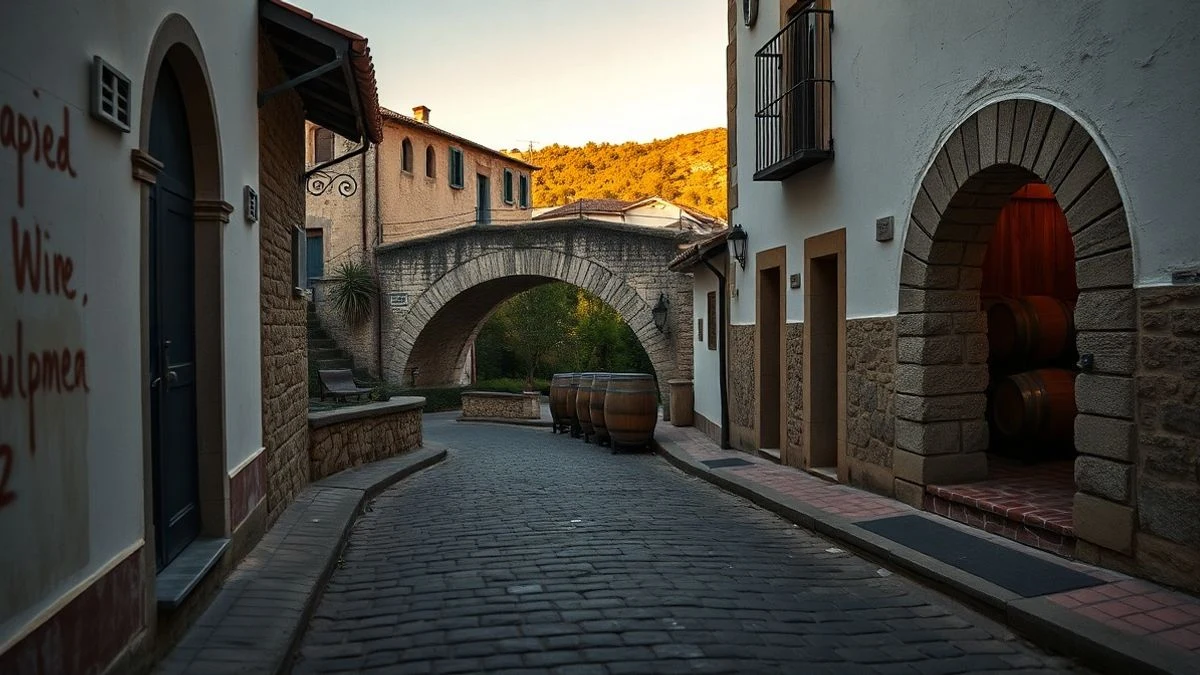 Imagen ilustrativa: calle empedrada de un pueblo andaluz al atardecer, con un puente de piedra y bodega de vino al fondo