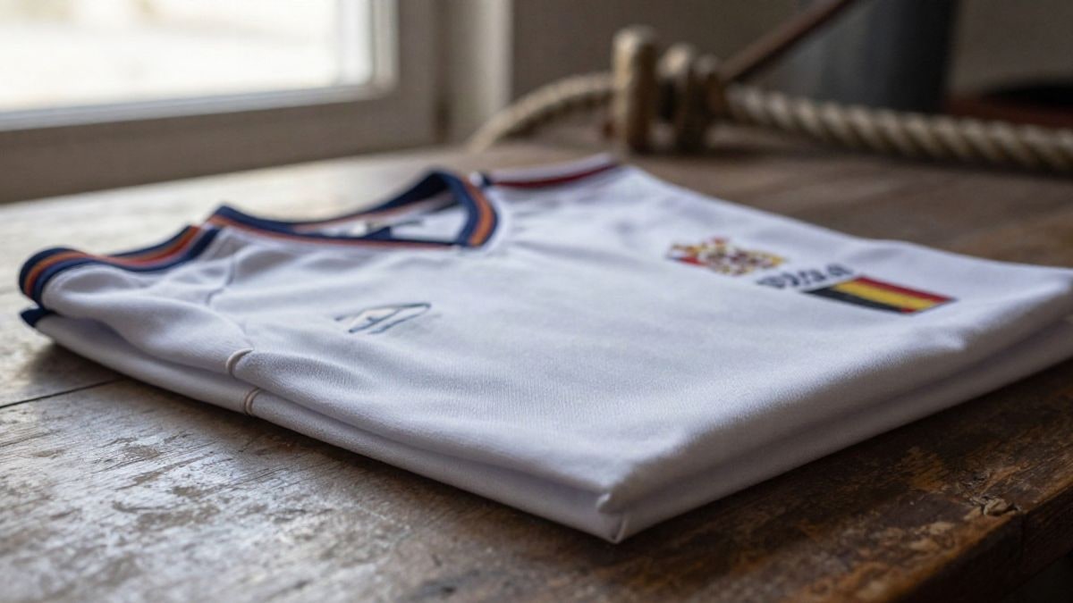 Imagen ilustrativa: camiseta deportiva doblada sobre una mesa de madera con fondo náutico desenfocado