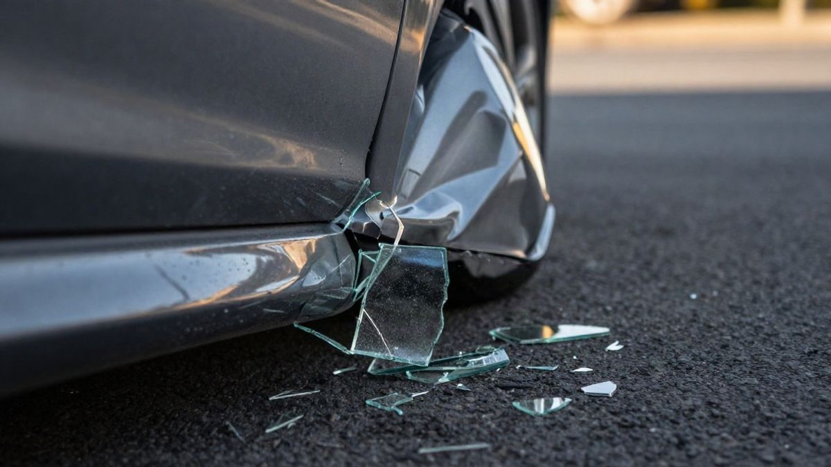 Imagen ilustrativa: primer plano de una puerta de coche abollada con cristales rotos en el asfalto