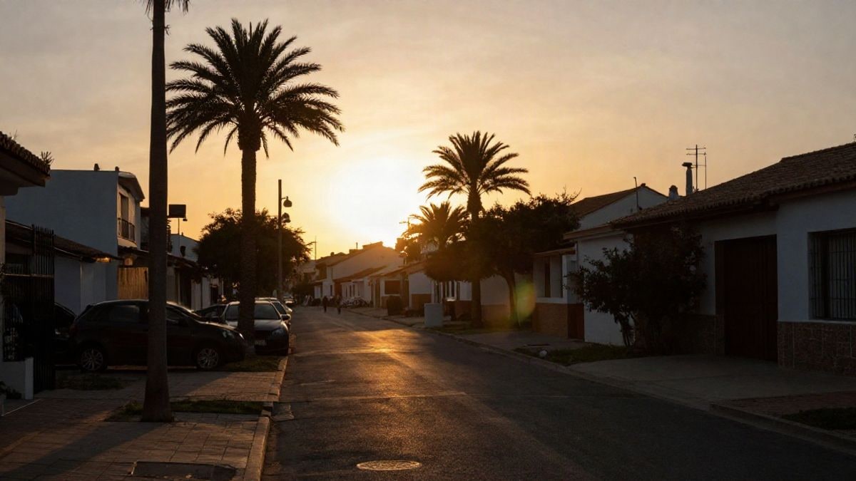 Imagen ilustrativa: contraluz al atardecer en una calle residencial con palmeras y sombras largas