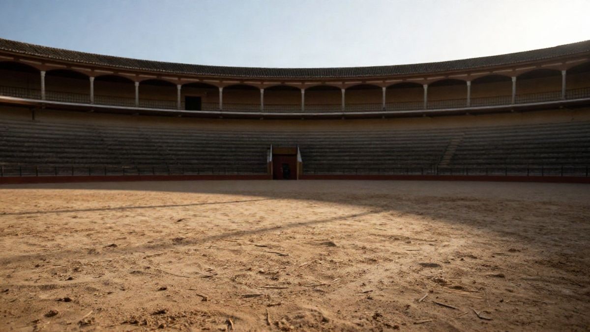 Imagen ilustrativa: una plaza de toros vacía al atardecer, con la arena en primer plano y las gradas desenfocadas al fondo
