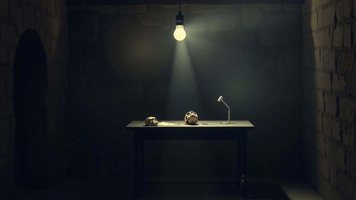 Imagen ilustrativa: interior de una capilla vacía con herramientas forenses sobre una mesa, iluminado por una bombilla, ambiente sobrio.
