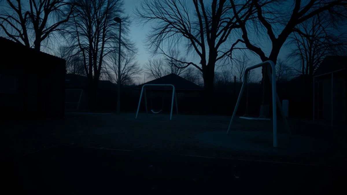 Imagen ilustrativa: un parque infantil vacío al atardecer, con columpios y un edificio escolar al fondo, en un ambiente tenso y solitario.
