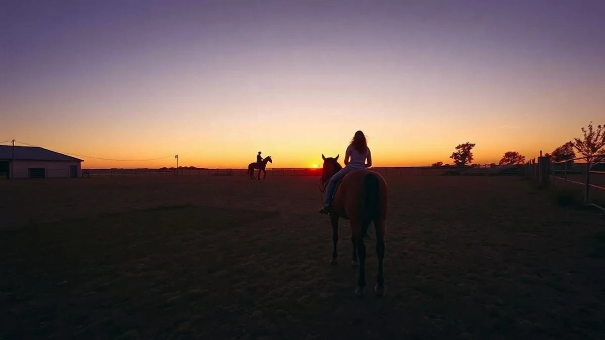 Arena de doma vaquera al atardecer con un jinete y caballo silueteados al fondo