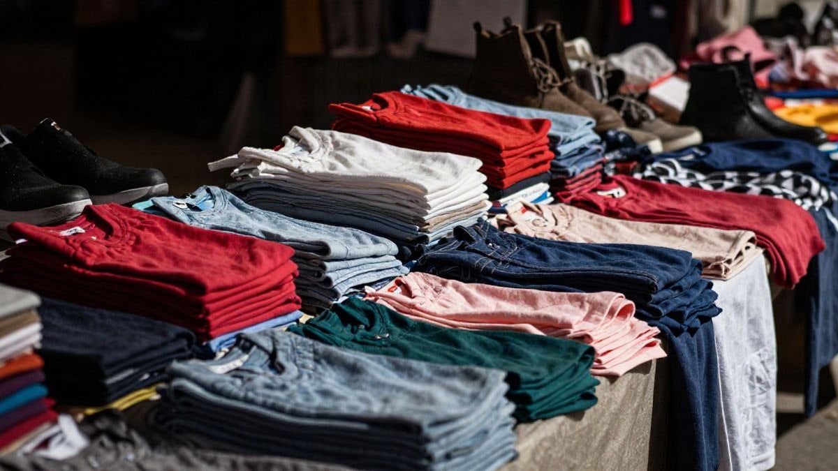 Imagen ilustrativa: un puesto de ropa en un mercadillo al aire libre, con prendas y calzado sobre mesas, en un entorno urbano desenfocado.