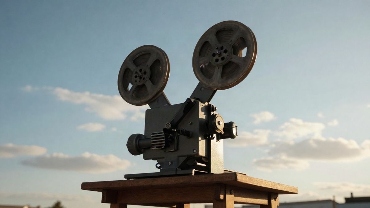 Imagen ilustrativa: proyector de cine vintage sobre una mesa con cielo despejado al fondo